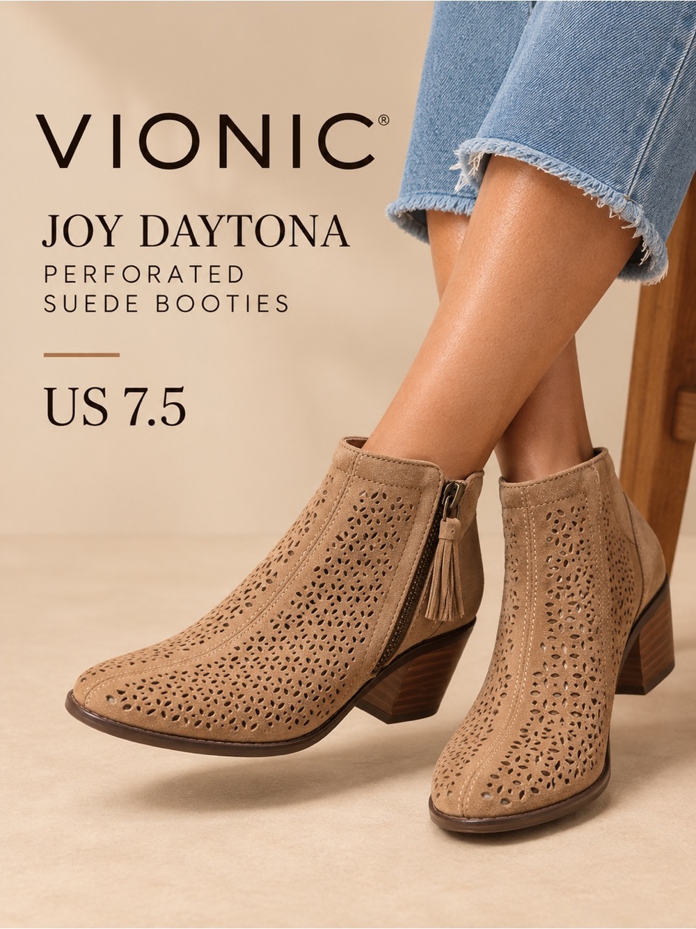 Vionic Joy Daytona Perforated Suede Ankle Booties Tan Women’s 7.5